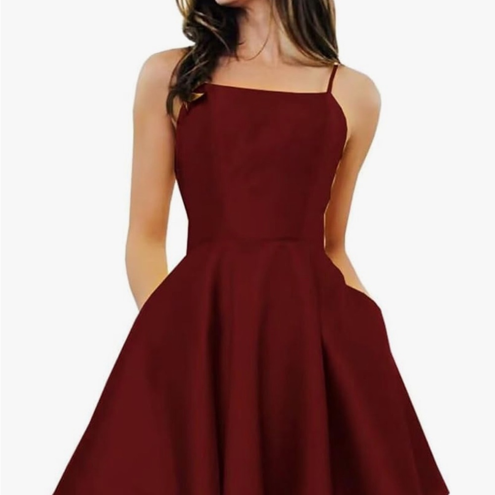 Chic Strapless spaghetti Burgundy Dress with pockets